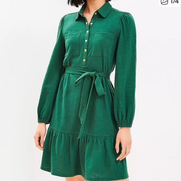 Loft Womens Dress Long Sleeve Mini Dress Green with Gold Buttons Waist Tie - Picture 1 of 8